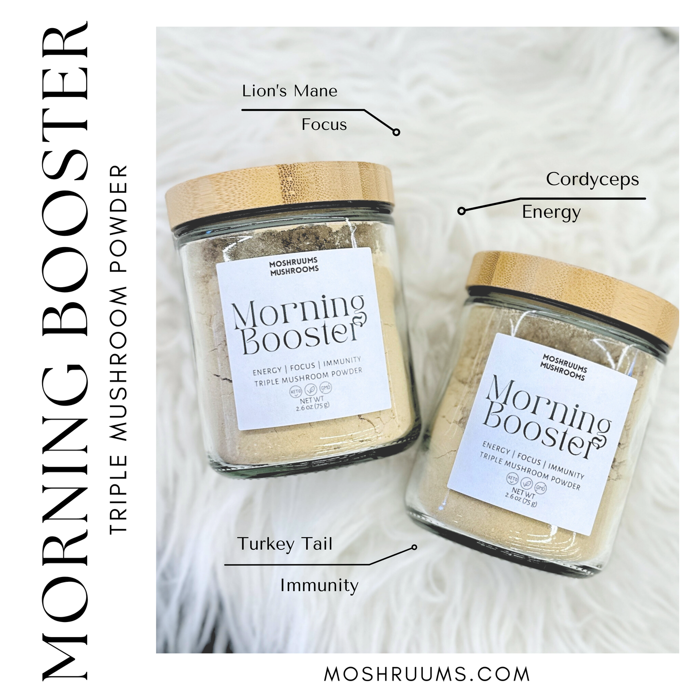 Morning Booster Triple Organic Mushroom Powder - Lions Mane - Turkey Tail - Cordyceps