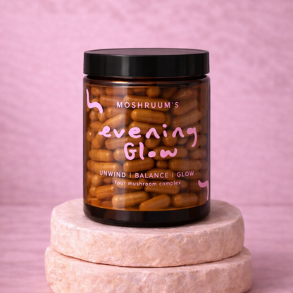 Jar of 'Moshruum's Evening Glow' supplement on a pink background