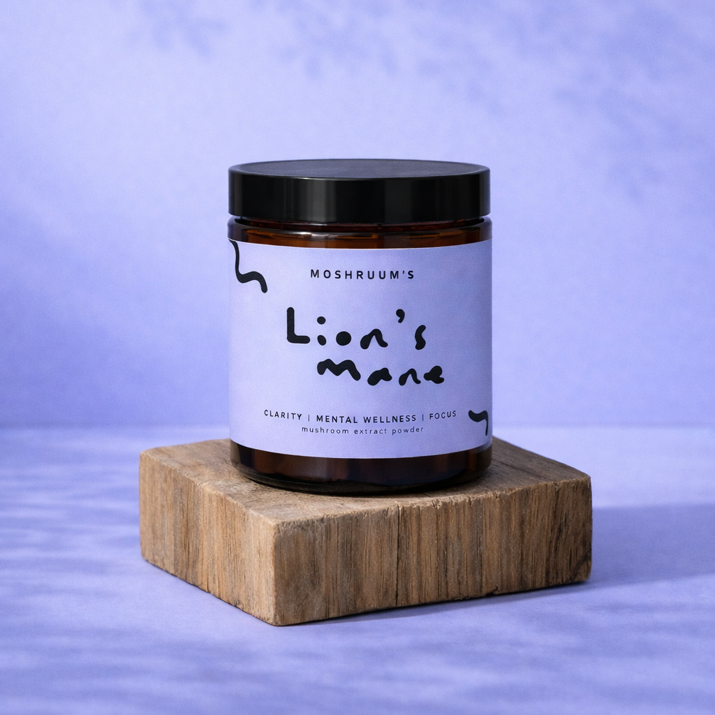 Jar labeled 'Lion's Mane' on a wooden block with a purple gradient background