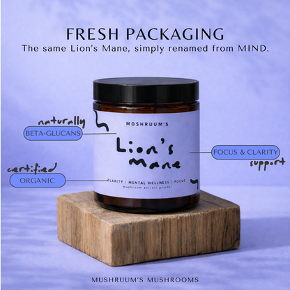 Jar of 'Lion's Mane' mushroom powder with text on a purple background