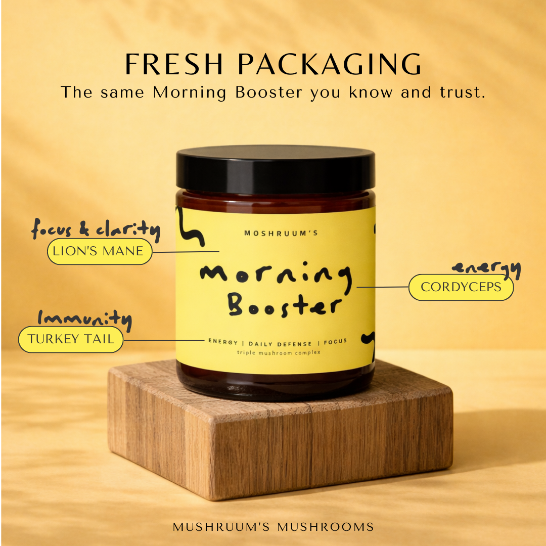 Jar of 'Morning Booster' on a wooden platform with text highlighting ingredients on a yellow background.