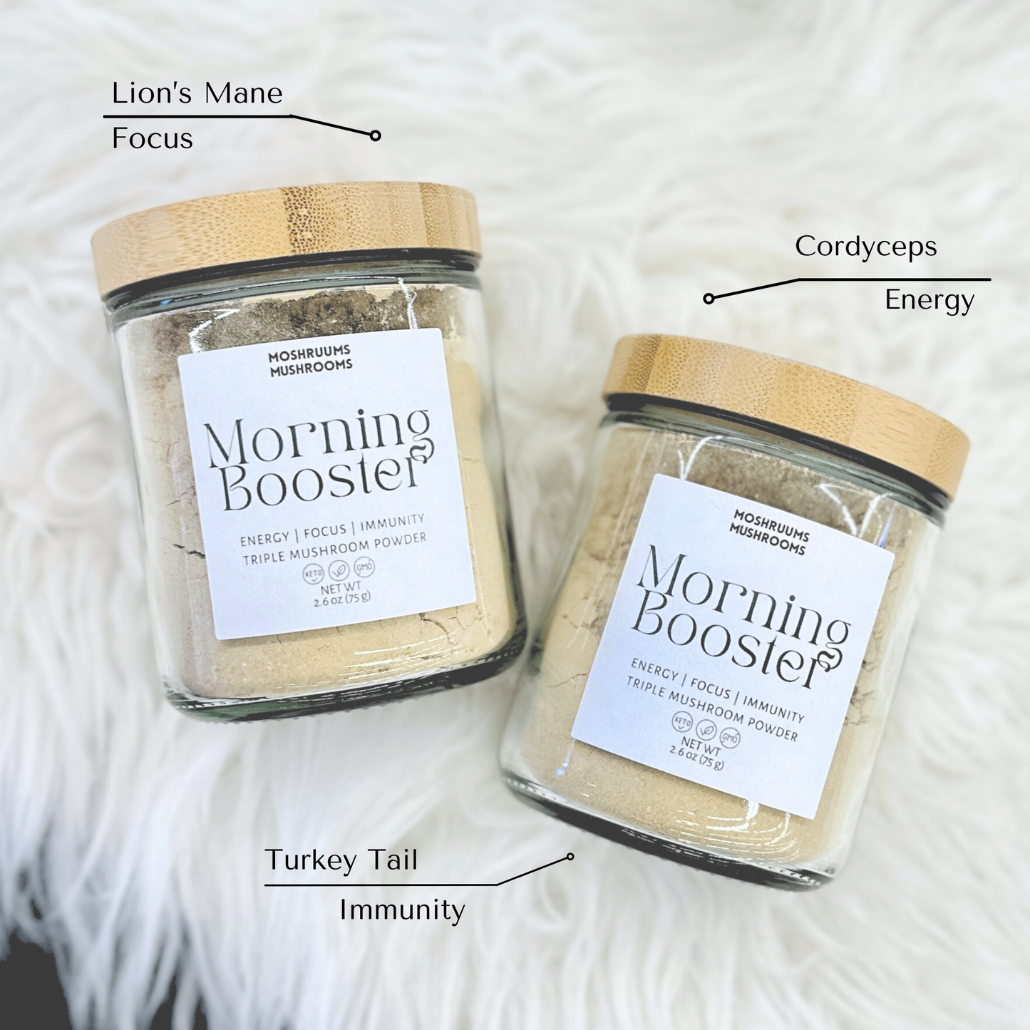 Morning Booster Triple Organic Mushroom Powder - Lions Mane - Turkey Tail - Cordyceps